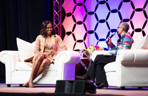 Former First Lady Michelle Obama participates in conversation at Bankers Life Fieldhouse